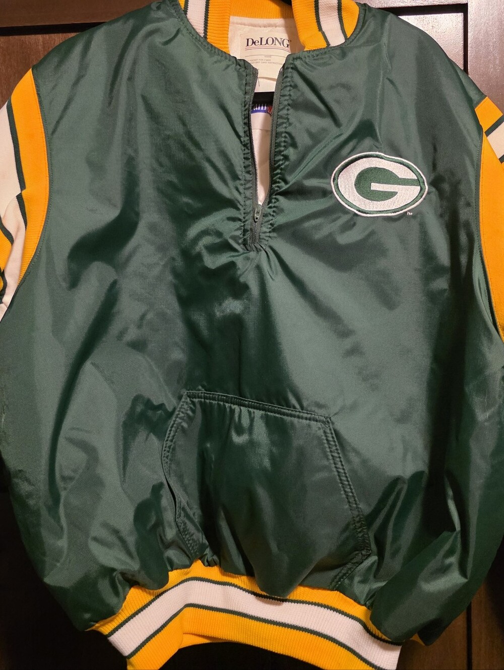 DeLong Green & Yellow Satin Pullover Bomber Jacket - Team Logo